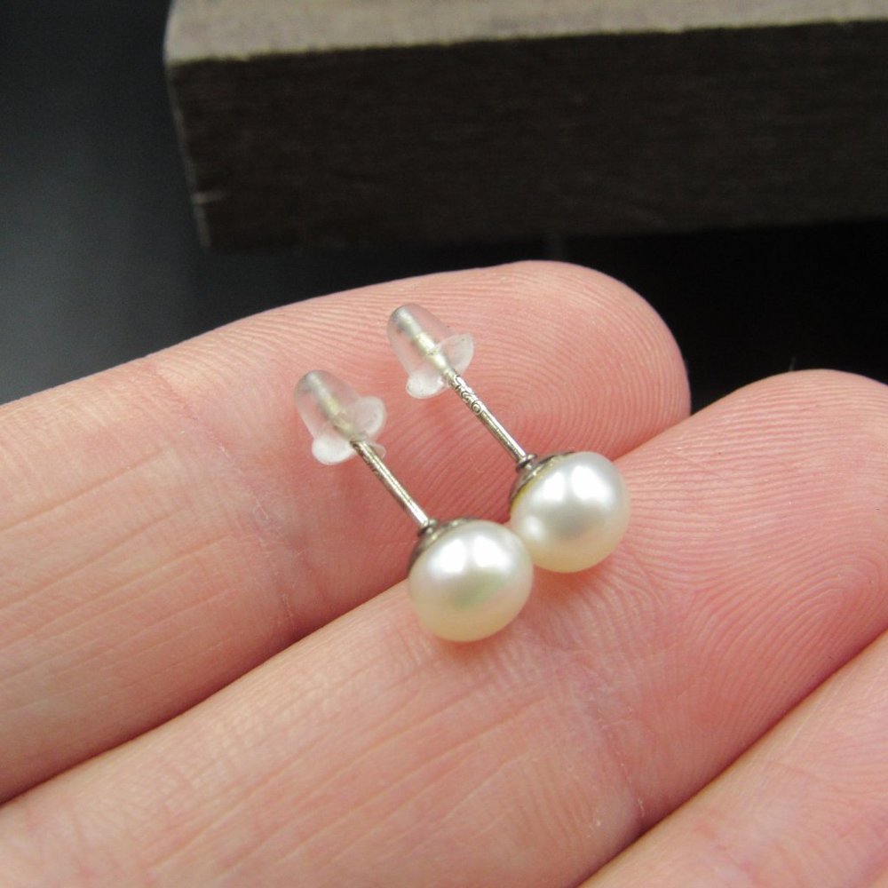 Sterling Silver Tiny White Pearl Stud Earrings - Picture 4 of 7
